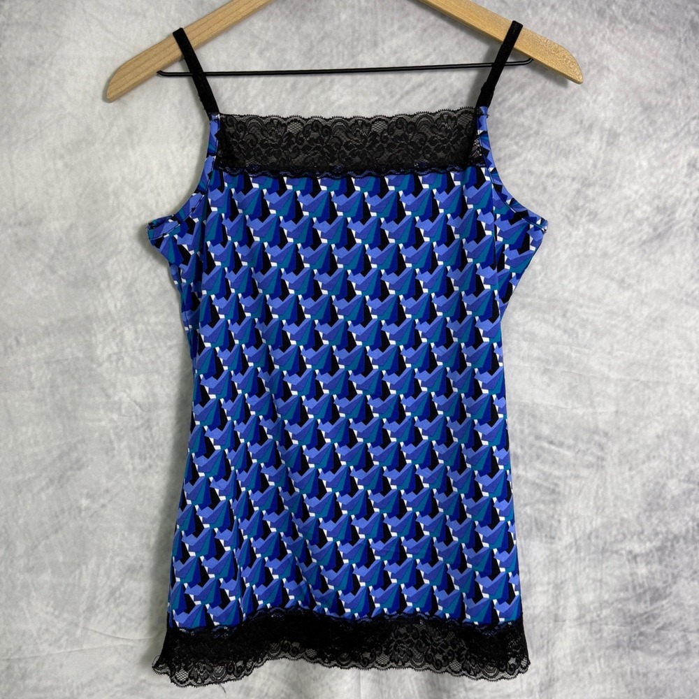 Vtg Y2K Fashion Bug Tank Top Sz S  Blue Geometric Print Lace Trim indie dopamine